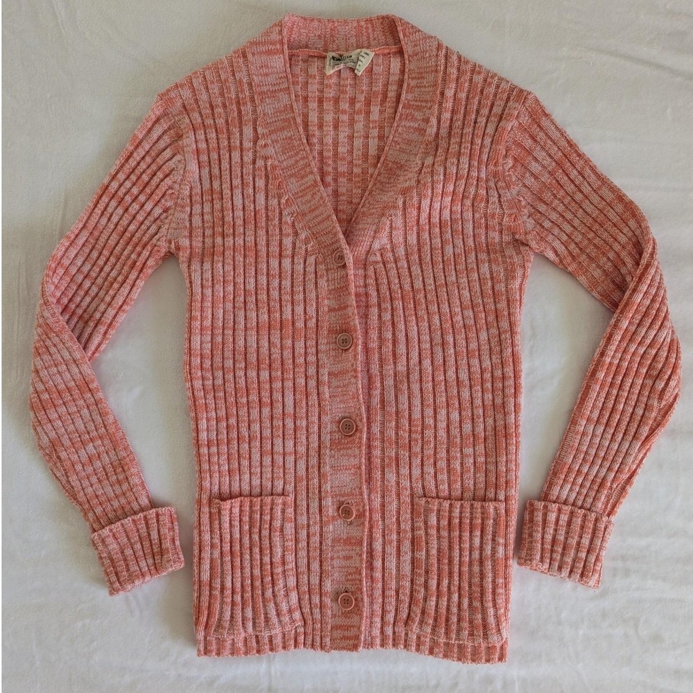 Vtg 70's Cardigan Pink Ribbed Marled Knit V-Neck Button Front Sz M Cottagecore